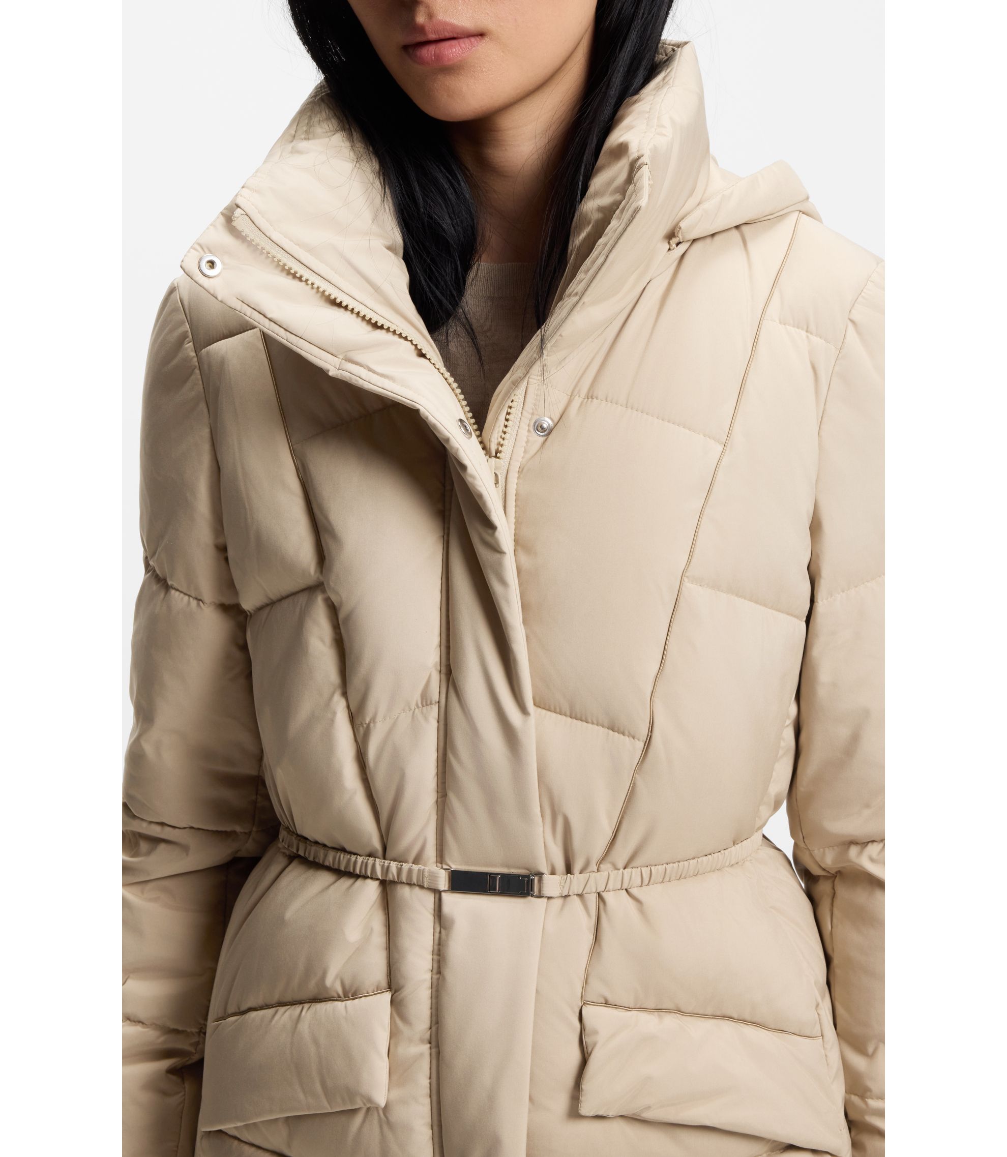 Belted Padded Jacket Beige Beige Hooded Puffer Jacket