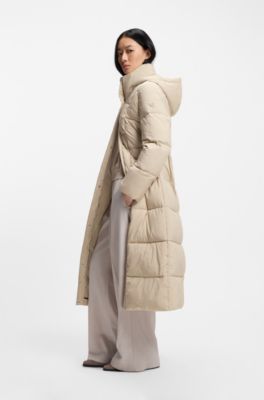 Long-length padded coat with metallic belt detail, Light Beige
