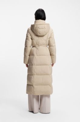 Long-length padded coat with metallic belt detail, Light Beige