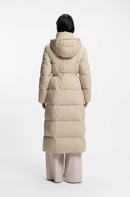 Long-length padded coat with metallic belt detail
