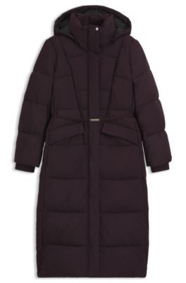 Lange gewatteerde mantel met metallic riemdetail, Donkerpaars