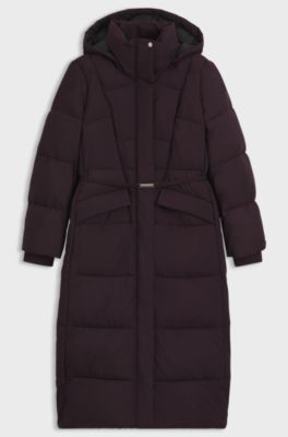 Long-length padded coat with metallic belt detail, Dark Purple