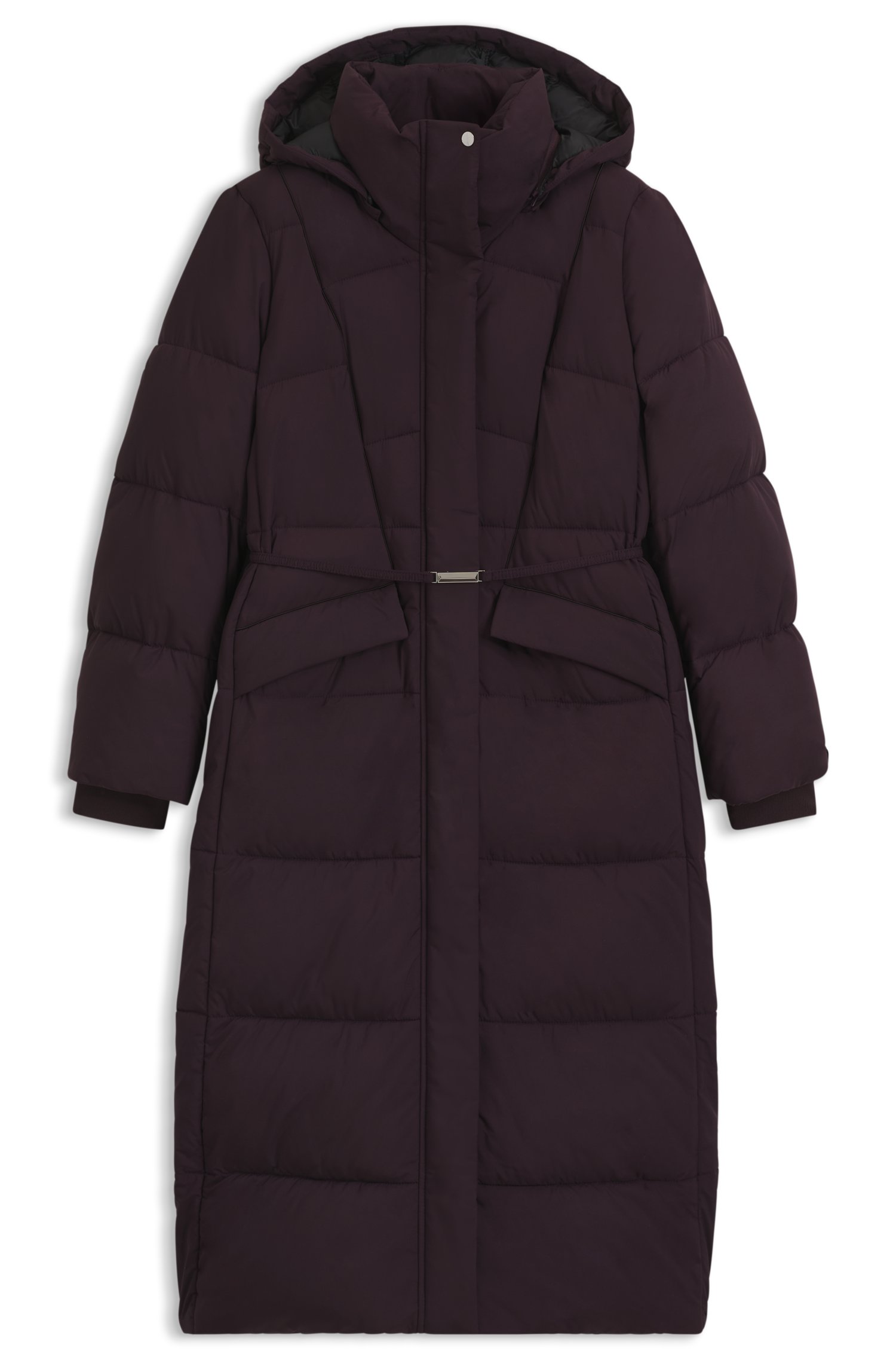 Boss Long-length padded coat with metallic belt detail kappor & rockar dam