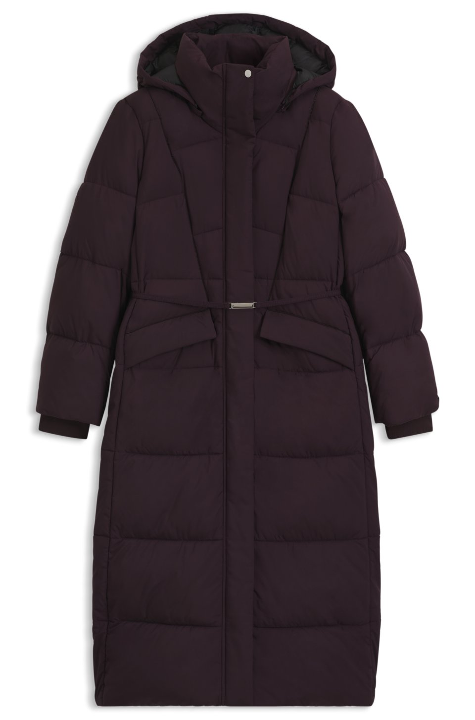 Long-length padded coat with metallic belt detail