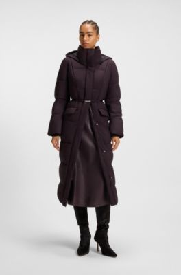 Long-length padded coat with metallic belt detail, Dark Purple