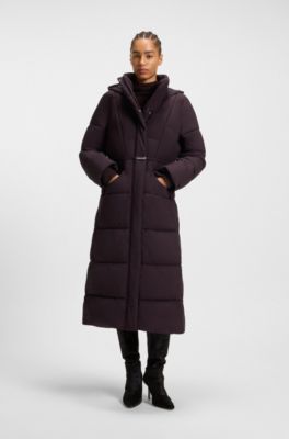 Long-length padded coat with metallic belt detail, Dark Purple