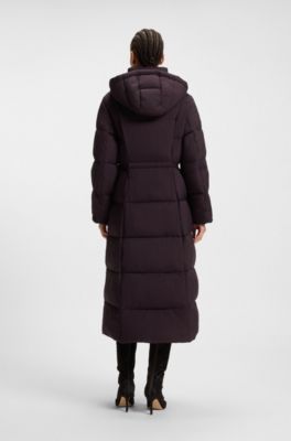 Long-length padded coat with metallic belt detail, Dark Purple