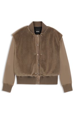 Satin bomber jacket with removable faux-fur gilet, Brown