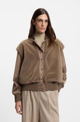 Satin bomber jacket with removable faux-fur gilet, Brown