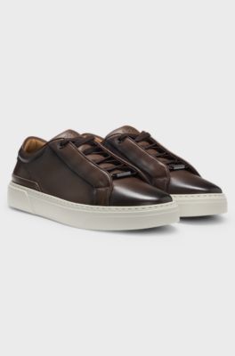 Italian-made leather trainers with concealed lacing, Dark Brown
