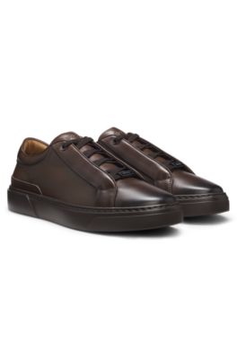 Gary trainers in brushed leather with elastic laces, Dark Brown