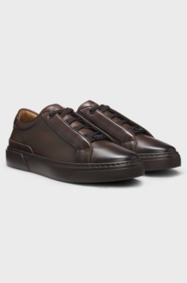 Gary trainers in brushed leather with elastic laces, Dark Brown
