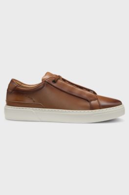 Italian-made leather trainers with concealed lacing, Brown