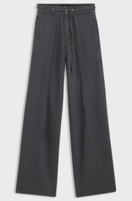 Wide-leg belted jeans with front pleats, Dark Grey