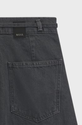 Wide-leg belted jeans with front pleats, Dark Grey