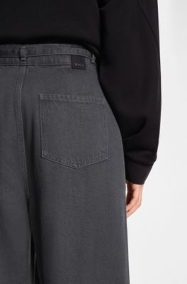 Wide-leg belted jeans with front pleats, Dark Grey