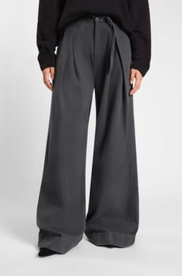 Wide-leg belted jeans with front pleats, Dark Grey