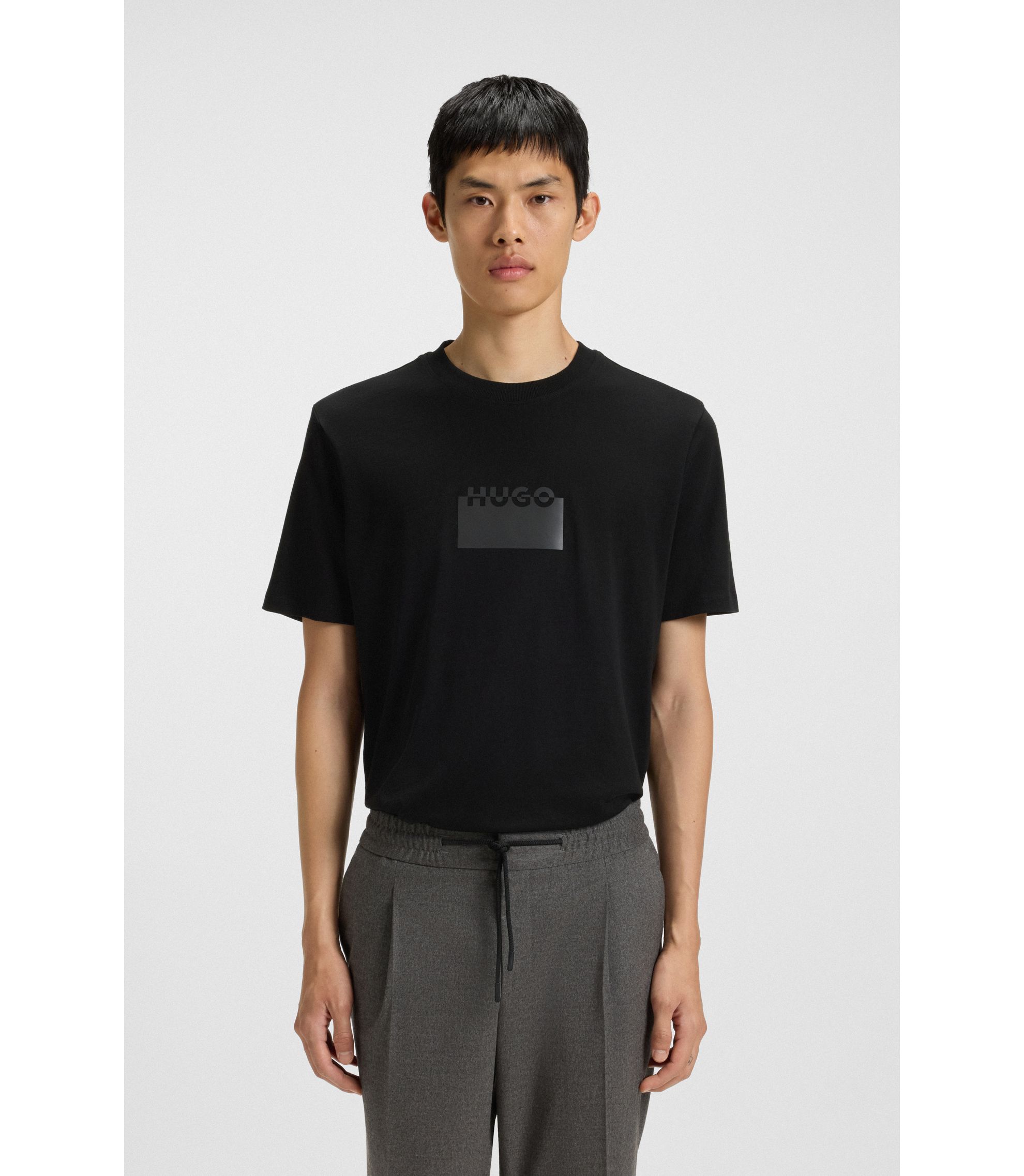 HUGO - Cotton-jersey T-shirt with rubber logo print - Black