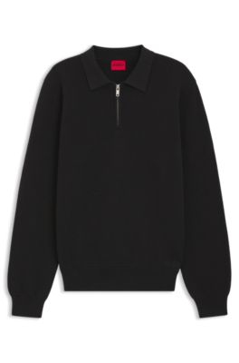 Zip-neck knit polo in interlock cotton, Black