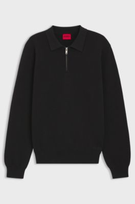 Zip-neck knit polo in interlock cotton, Black