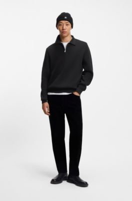 Zip-neck knit polo in interlock cotton, Black