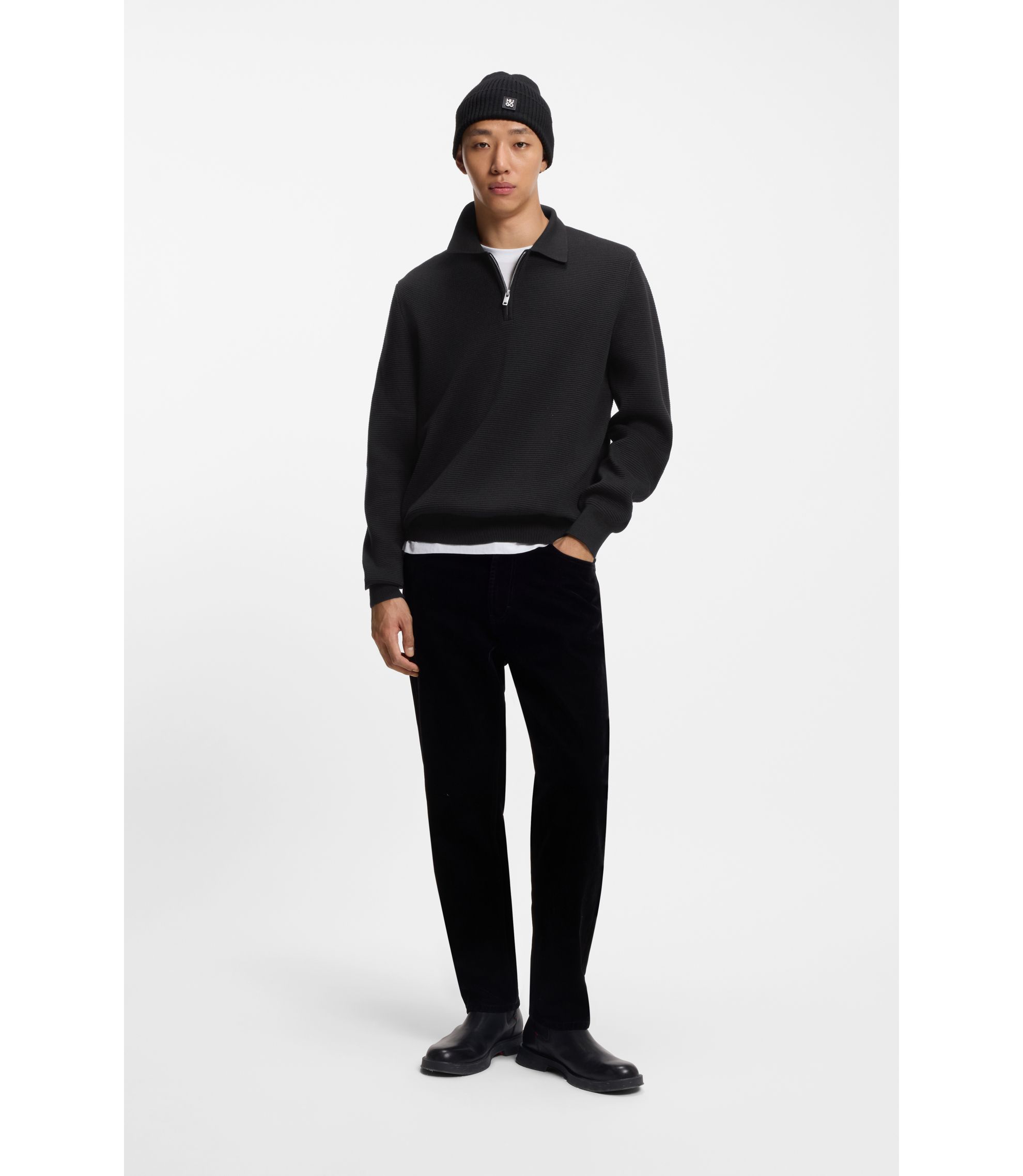 HUGO - Zip-neck knit polo in interlock cotton - Black