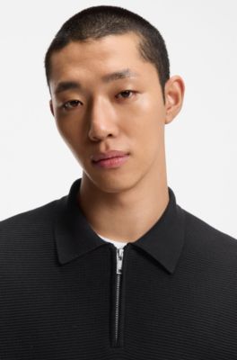 Zip-neck knit polo in interlock cotton, Black