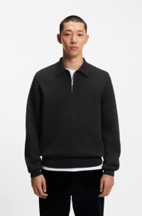 Polo in maglia in cotone intrecciato con colletto con zip, Nero