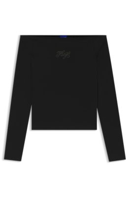 Stretch-cotton top with rhinestone logo, Black