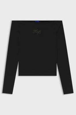 Stretch-cotton top with rhinestone logo, Black