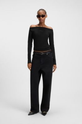 Stretch-cotton top with rhinestone logo, Black