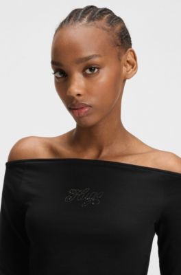 Stretch-cotton top with rhinestone logo, Black