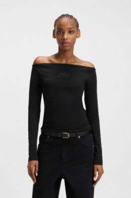 Stretch-cotton top with rhinestone logo, Black
