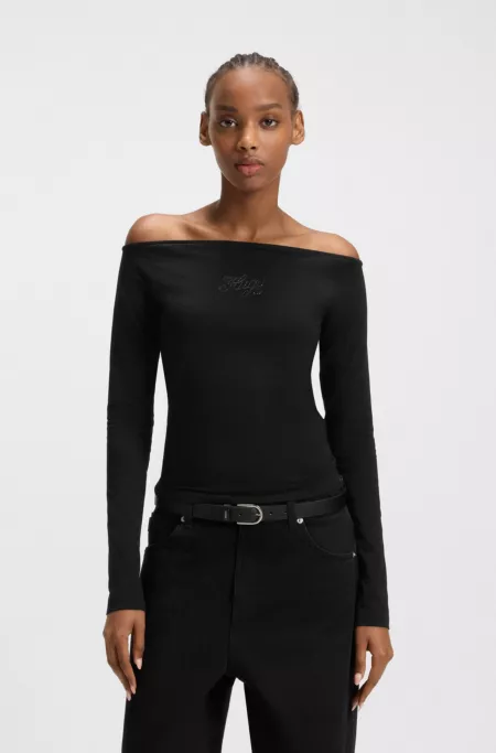 Stretch-cotton top with rhinestone logo