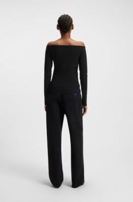 Stretch-cotton top with rhinestone logo, Black