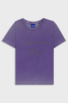 T-shirt slim fit in cotone elasticizzato con logo con strass, Lilla