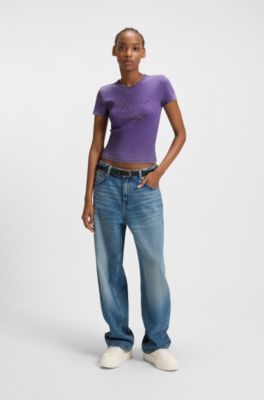 Stretch-cotton slim-fit T-shirt with rhinestone logo, Purple