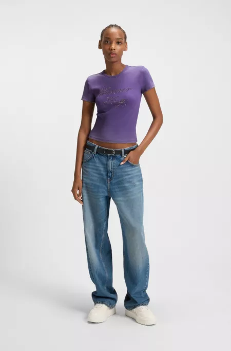 Stretch-cotton slim-fit T-shirt with rhinestone logo