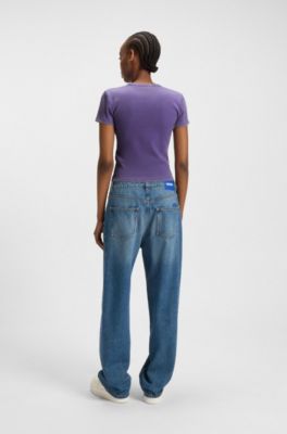 T-shirt slim fit in cotone elasticizzato con logo con strass, Lilla