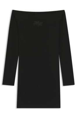 Off-the-shoulder mini dress with rhinestone logo, Black