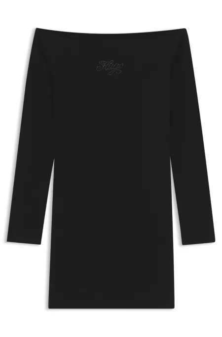 Off-the-shoulder mini dress with rhinestone logo