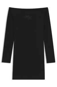 Off-the-shoulder mini dress with rhinestone logo, Black