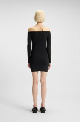 Off-the-shoulder mini dress with rhinestone logo, Black