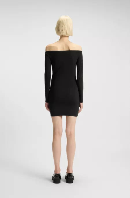 Off-the-shoulder mini dress with rhinestone logo