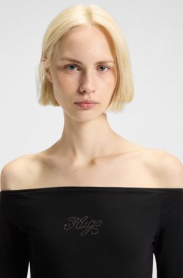 Off-the-shoulder mini dress with rhinestone logo, Black