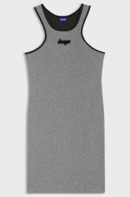 Vestito in jersey lucente con spalline incrociate e targhetta con logo in silicone, Argento