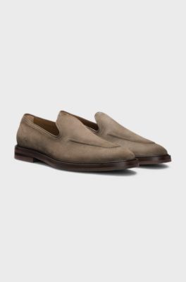 Suede loafers with leather piping, Khaki