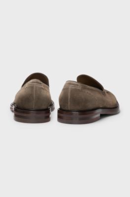 Suede loafers with leather piping, Khaki