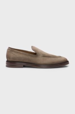 Suede loafers with leather piping, Khaki