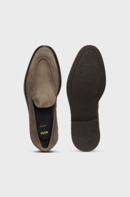 Suede loafers with leather piping, Khaki